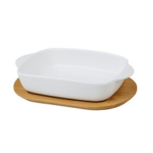 Double Handle Ceramic Baking Tray With Wooden Lid White Oven Roasting Dish For Cheese Baked Rice MultiFunction Bakeware