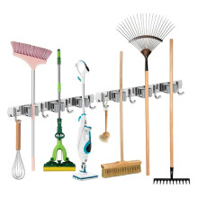 Ruimtebesparende bezem- en dweilhouder van roestvrij staal, sterke en duurzame wandhouder met antisliphandgreep, voor wasruimte, keuken, tuin en