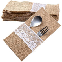 Porta-guardanapos reutilizáveis, porta-talheres de juta com acabamento em renda para uma mesa elegante, ideais para festas vintage e decoração de