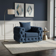 (Blue, Armchair) Monaco 5 Seater Corner Sofa Plush Velvet Chesterfield Sofa Set Elegant Lounge Suite