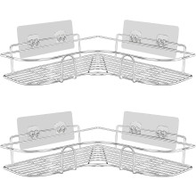 Organizador de ducha esquinero adhesivo, soporte para champú de acero inoxidable, color plata, diseño hueco ventilado, instalación sin taladros,