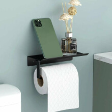 Imprescindible para el baño, soporte para papel higiénico con acabado negro mate inoxidable, soporte de pared con estante que ofrece versatilidad.