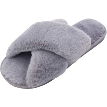 Pantuflas suaves con tiras cruzadas para mujer, sandalias de felpa con pelo sintético, puntera abierta, cómodas zapatillas de casa sin cordones con
