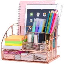 Organizador de escritorio de diseño único, organizador de lápices multifuncional de malla metálica color oro rosa, diseño que ahorra espacio