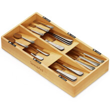 Bamboo Silverware Drawer Organizer With Labels, Natural 6Slot Flatware Tray For Kitchen Cutlery, Spoons And Knives