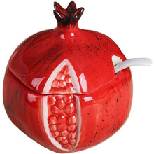 Ceramic Fruit Shape Sugar Bowl Salt Shaker Pepper Storage Jar with Lid and Spoon Spice Box Seasoning Jar (Red Pomegranate)