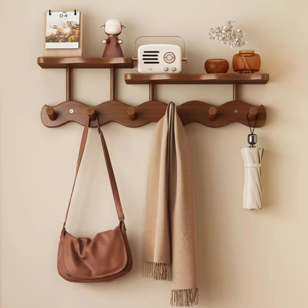 Floating Shelves With 6 Hooks Solid Wood Wall Shelf For Bathroom Storage, Bedroom Organization, Entryway 9323874582610