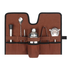 Canvas Cocktail Set Carry Bag Portable Folding Roll Strap Bartender Kit Brown Durable Canvas For Camping Outdoor Picnics