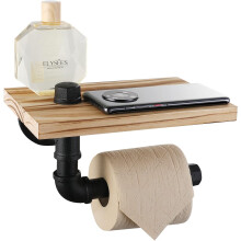 Toiletpapirholder i høj kvalitet, vægmonteret med rustik træhylde, industriel stil for nem udskiftning i badeværelse, køkken, lager