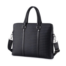 Weave Briefcase Men's Luxury Executive Vintage Laptop Bag Double Layer Shoulder Tote Document Bag Black