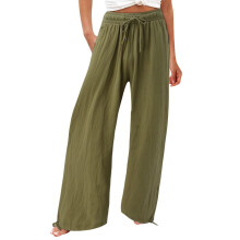 Women's Cotton Loose Trousers with Pockets, Waist Paperbag Drawstring Pants for Work, Black or Army Green XL