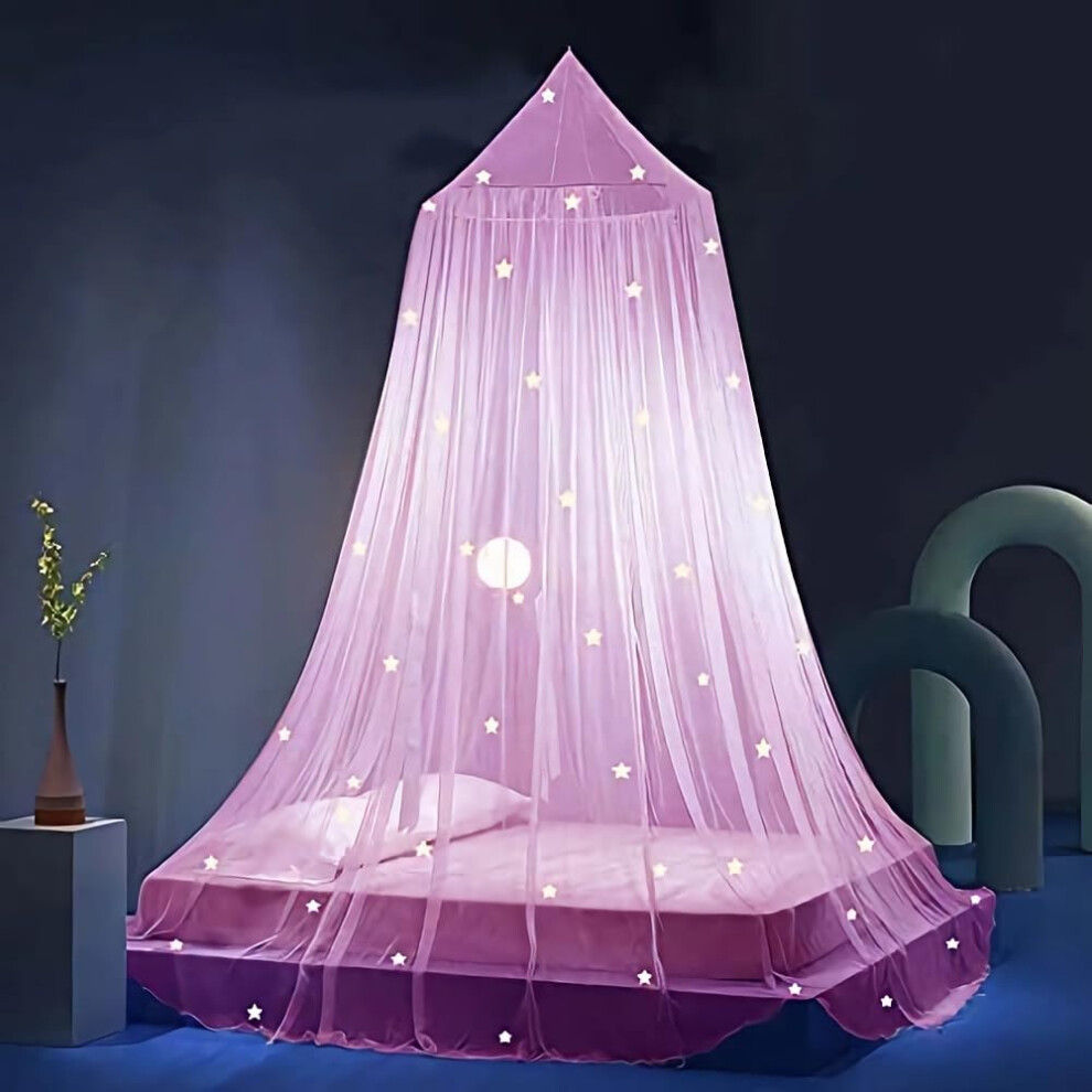 Breathable Mesh Netting Canopy For Girls, Princess Bed Canopy With Glow In The Stars, Canopy For Girls Room, Easy To Install Hanging Kit Inc Dark/Pink