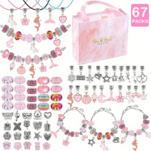 (Pink [drawer Boxed]) 67-Piece DIY Charm Bracelet Bead Kit with Unicorn Mermaid Crafts, Includes 60 Charms, 3 Bracelets, and 3 Necklace