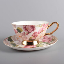 Ceramic Coffee Mug and Saucer Set with Rose Peony Design for Tea or Latte, Handmade Pottery Wedding Gift