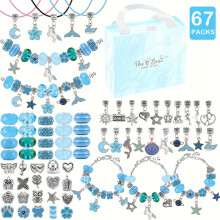 (67pcs-set-blue) 67-Piece DIY Charm Bracelet Bead Kit with Unicorn Mermaid Crafts, Includes 60 Charms, 3 Bracelets, and 3 Necklace