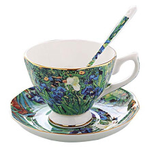 Ceramic Coffee Mug and Saucer Set with Iris Flower Design for Tea, Milk or Juice, Home and Office Gift