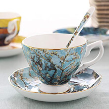Handmade Ceramic Coffee Mug and Saucer Set with Almond Flowers for Tea or Latte