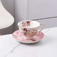 Ceramic Coffee Mug and Saucer Set with Pink Rose Design for Tea, Milk or Juice, Birthday Gift