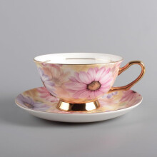 Handmade Ceramic Coffee Mug and Saucer Set with Colorful Gerbera Flowers for Tea and Latte