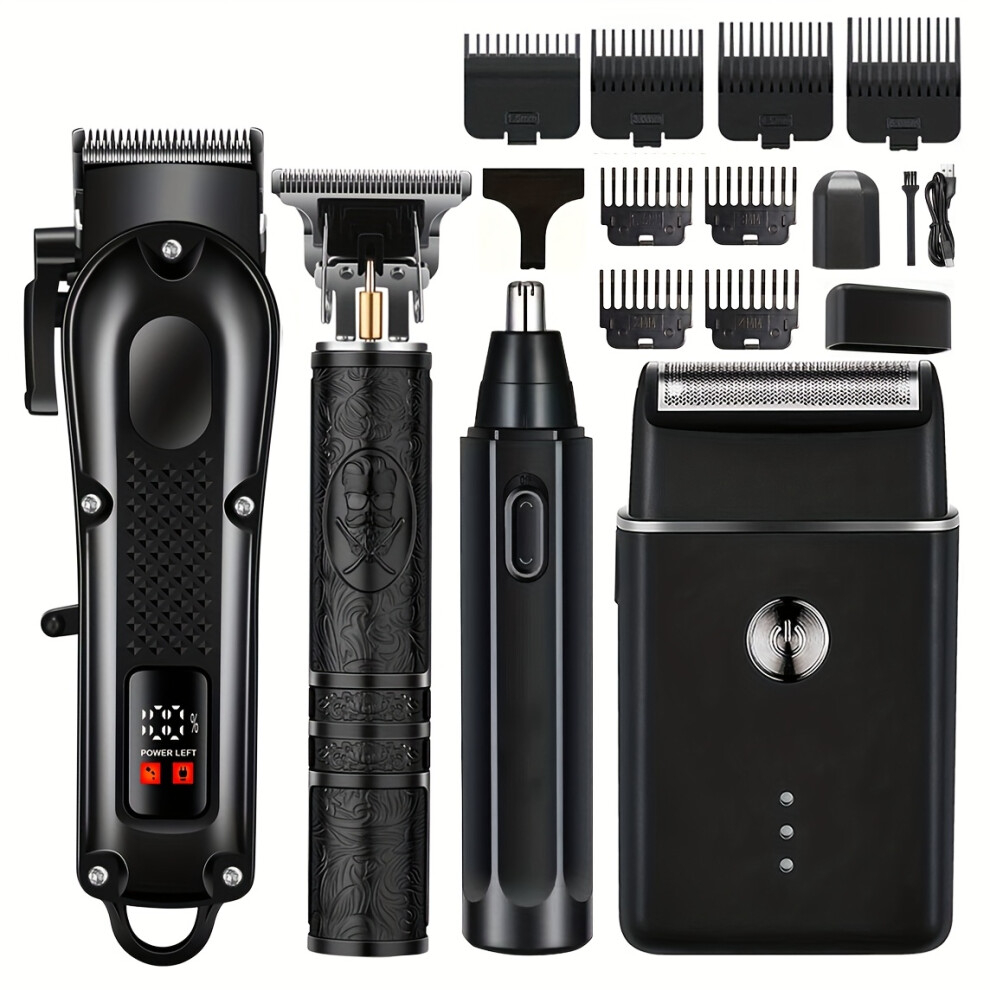 Black (Black) 4-In-1 Rechargeable Electric Grooming Kit For Men - Hair Clipper Electric Foil Shavers And Beard Trimmers, Ear, Nose