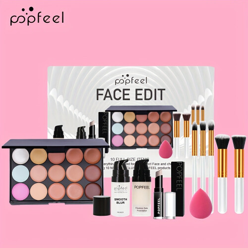 (SET008A) Complete Face Makeup Kit with Face Edit Palette - Waterproof & Sweatproof Long-Lasting Full Coverage, 12-in-1