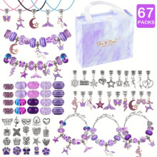 (67pcs-set-purple) 67-Piece DIY Charm Bracelet Bead Kit with Unicorn Mermaid Crafts, Includes 60 Charms, 3 Bracelets, and 3 Necklace