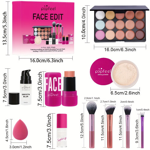 (SET008A) Complete Face Makeup Kit with Face Edit Palette - Waterproof & Sweatproof Long-Lasting Full Coverage, 12-in-1 2