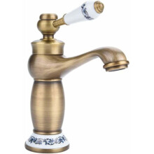 Ceramic Disc Valve Faucet with Durable Design, Luxury Brushed Brass Finish Antique Style Brass Tap with Solid Brass Construction and Blue-White Porcel
