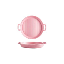 Ceramic Baking Dish Set of 2 Round Binaural Trays for Pizza Steak Chicken Microwave Oven (Yellow, Large Pink L)