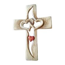 Wood Carved Cross Crucifix with Intertwined Hearts for Wall or Table, Religious Home Decor Gift