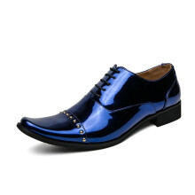 Men's Oxford Dress Shoes Lace Up Square Toe PU Leather with Cap Toe, Slip Resistant Rubber Sole, Party Wear Blue 5.5 UK