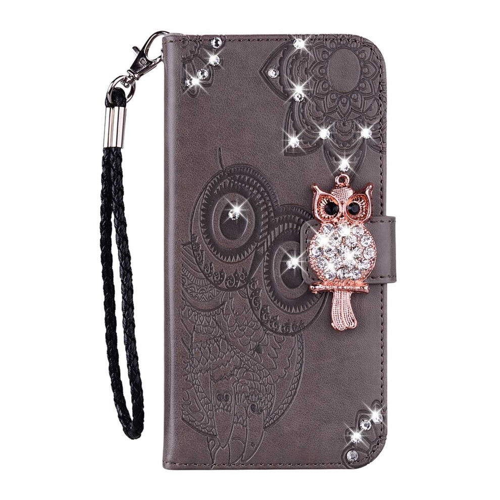 Leather Wallet Case With Card Slots, Bling Owl Kickstand Flip Magnetic Cover, Gray Grey 9323874594606