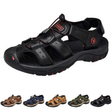 Men's Leather Summer Sandals Breathable Cut Out Design with Arch Support Rubber Sole for Outdoor Casual Wear Black 46 EU