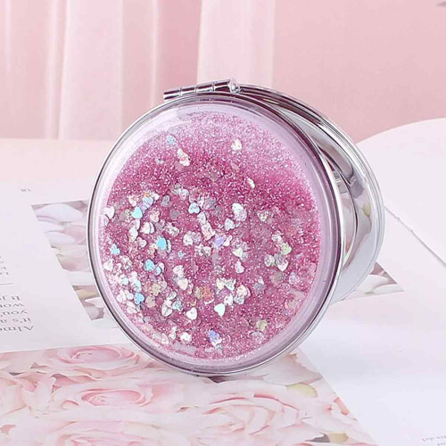PU Leather Makeup Mirror For Women, Magnifying Mirror, Handheld Foldable Design, Pink, 2Pcs 1