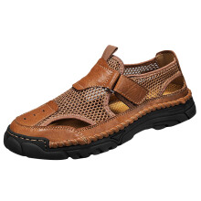 Men's Leather Sandals Breathable Mesh Slip On Mules Non Slip Outdoor Walking Shoes Brown 13 UK