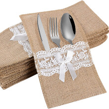 Besteckhalter aus Jute und Spitze für rustikale Hochzeiten, elegante Tischdekoration, Besteckbeutel aus Leinen und Spitze für Vintage-Hochzeiten