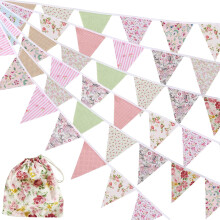 Décoration florale pour une fête au jardin, guirlande vintage en papier fleuri avec fanions en coton réutilisables et pochette de rangement à