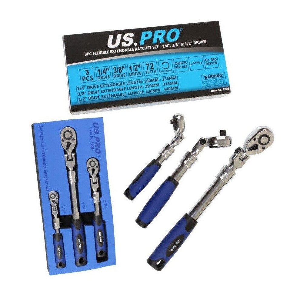 B&Q - Tools 3Pc Flexible Extendable Ratchet Set 1/4"3/8" & 1/2" Drives 4206 - Image 6