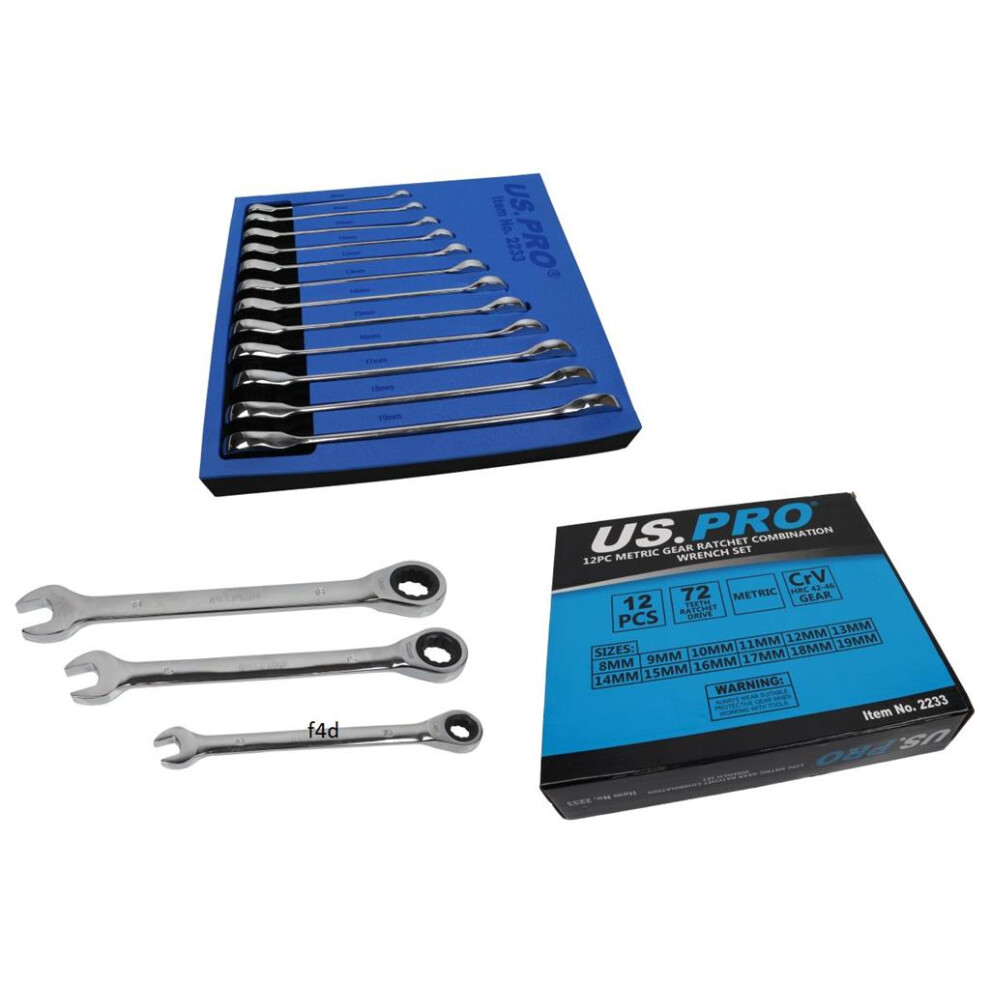 US PRO 12pc Metric Gear Ratchet Combination Spanner Wrench Set 8-19mm