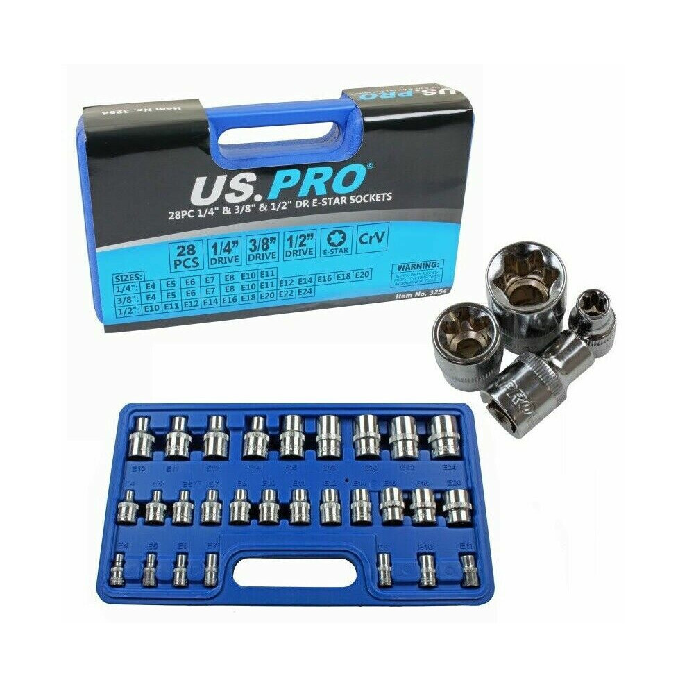 US PRO 28pc 1/4" 3/8" 1/2" E-Torx Star Socket Set E4 - E24 3254