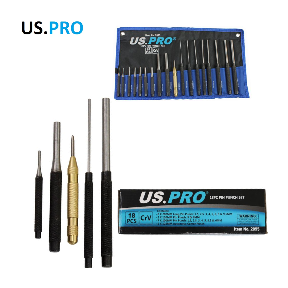 US PRO 18pc Pin Punch Set With Automotive Centre Punch 2095