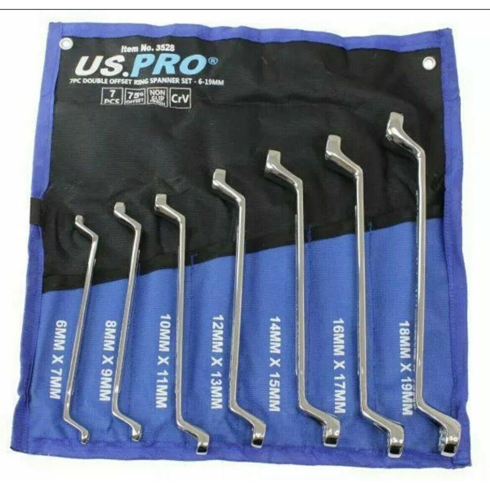 Us Pro Tools 7 Piece Double Offset Ring Spanner Wrench Set 6 - 19Mm 75Deg 3528