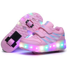 Kids Roller Skates Shoes with LED Light Double Wheels Pink Sneakers for Girls Boys UK 3