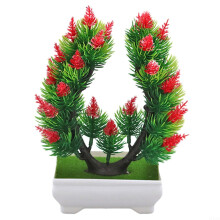 Mini Artificial Bonsai Tree with Vibrant Fake Cherry Blossom, Low Maintenance Home Office Decor, Red