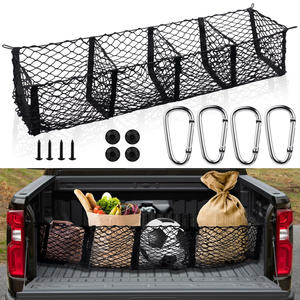 Pickup Truck Cargo Net Adjustable Elastic Mesh 59X11.8in With 4 Carabiners For Truck Suv Bed Storage Organizer 9323874605050