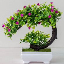 Artificial Bonsai Tree with Fuchsia Flowers, Small Fake Potted Plant for Lifelike Home Decor