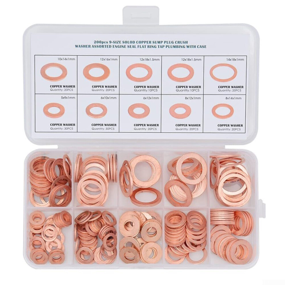 200Pc Copper Washers Assortment Set Leakproof Heat Resistant Flat Gaskets For Plumbing Automotive 9339159822265