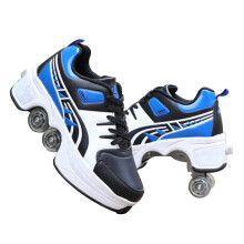 Retractable Roller Skate Shoes with Deformation Wheels for Outdoor Skating, Blue Black, Size 33