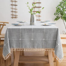 Masterfully Designed Rectangular Table Cloth, Vintage Style Cotton Linen, Durable Anti-Fading Tablecover for Indoor Outdoor Use, Wrinkle Resistant, Gr