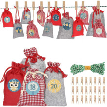 DIY adventskalender, linnen opbergtas van jute voor bruiloften en feesten, cadeautasjes met kerstprint en herbruikbaar trekkoord, inclusief 24
